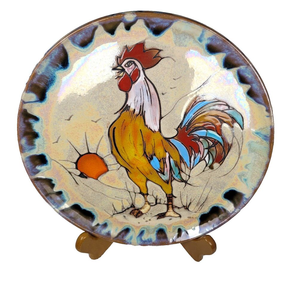 VALLAURIS French Enameled Iridescent Ceramic Rooster 10" Wall Plate VNTG. 1960's